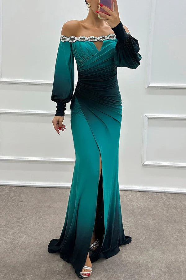 LB | Julieta Gradient Print Boat Neck Off Shoulder Gemstone Detail Slit Dress Maxi Dress