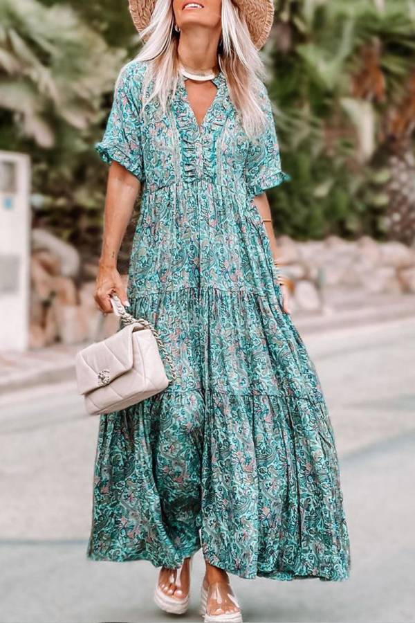 LB | Sky Blue Paisley Print Split V Neck Tiered Boho Maxi Dress