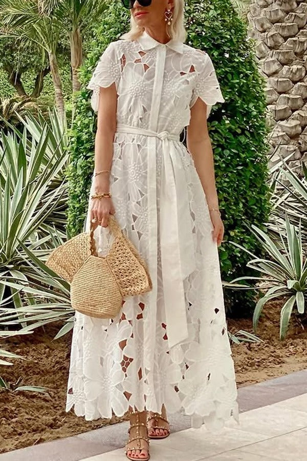LB | Dubai Style Floral Crochet Lace Short Sleeve Tie-up Shirt Maxi Dress