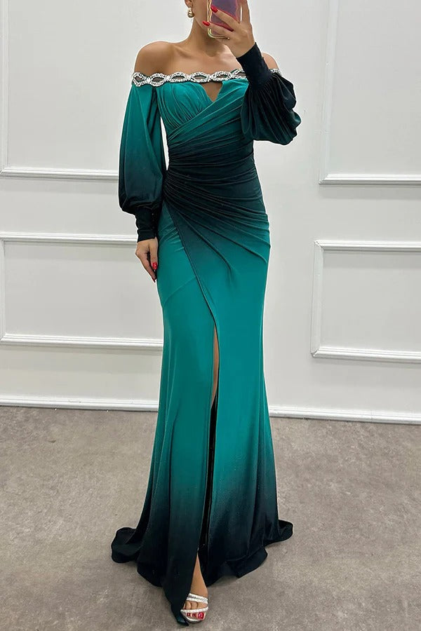 LB | Julieta Gradient Print Boat Neck Off Shoulder Gemstone Detail Slit Dress Maxi Dress