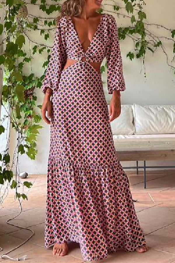 LB | Serene Dreams Printed Side Neckline Elastyczna sukienka maxi w talii
