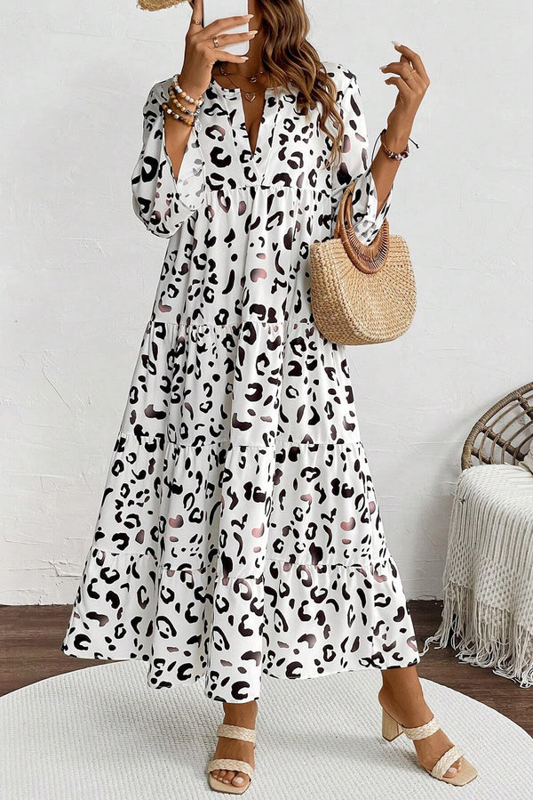 LB | White Leopard Print Notch V Neckline Loose Fit Maxi Dress
