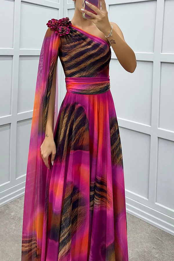LB | Lucia Unique Print Floral Detail One Shoulder Draped Sleeve Dress Maxi Dress