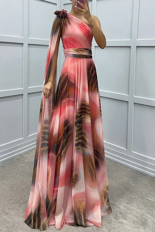 LB | Lucia Unique Print Floral Detail One Shoulder Draped Sleeve Dress Maxi Dress