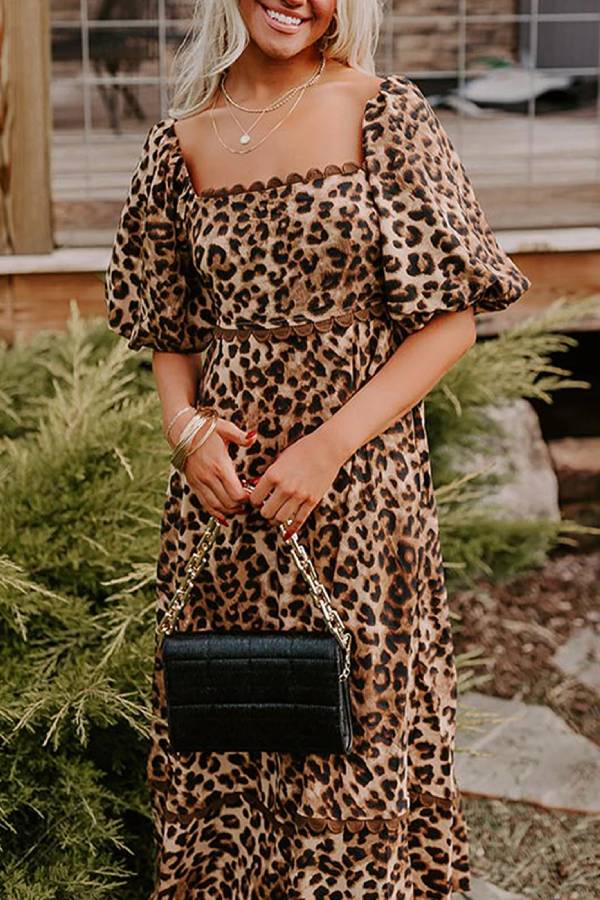 LB | Brown Leopard Print Puff Sleeve Ricrac Maxi Dress