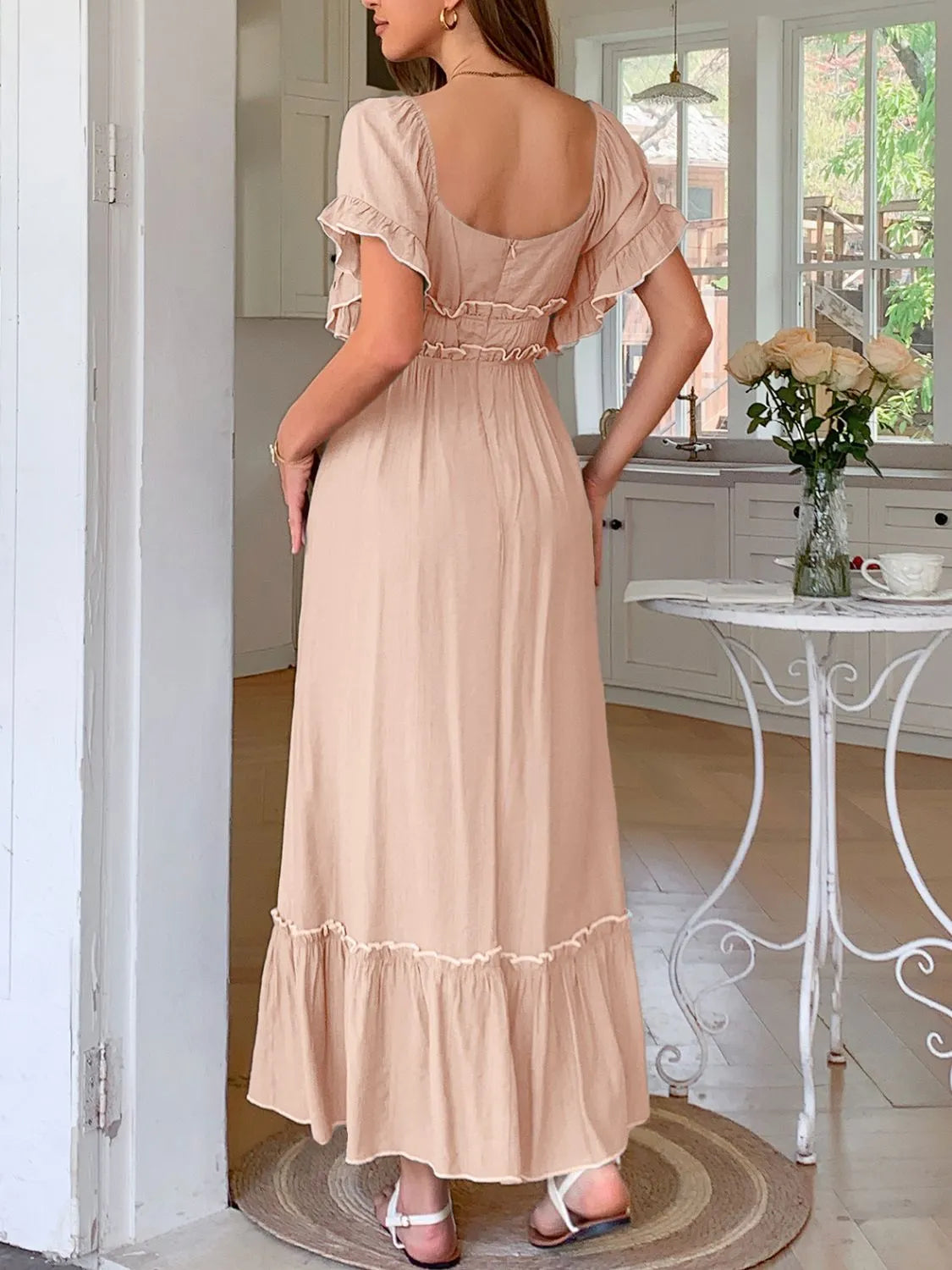 AS | Čtvercový výstřih Puff rukávy Frill trim Maxi šaty