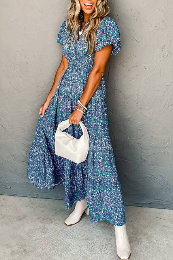 LB | Blue Abstract Print Split V-Neck Shirred High Waist Maxi Dress