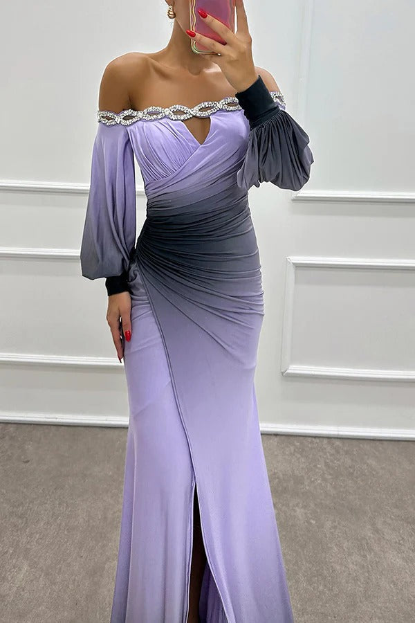 LB | Julieta Gradient Print Boat Neck Off Shoulder Gemstone Detail Slit Dress Maxi Dress