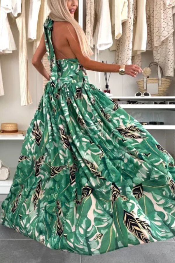 LB | Amazon Scenery Unique Print Tie-up Neckline Waist Ring Halter Slit Maxi Dress