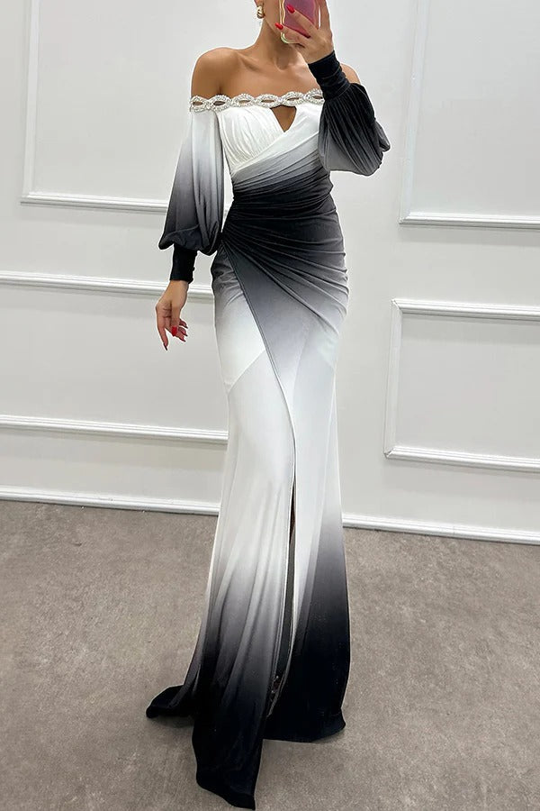 LB | Julieta Gradient Print Boat Neck Off Shoulder Gemstone Detail Slit Dress Maxi Dress