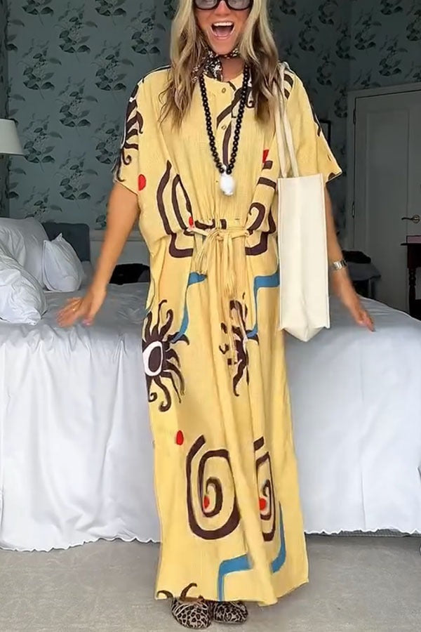 LB | Helia Linen Blend Unique Print Kaftan Maxi Dress ze sznurkiem w talii