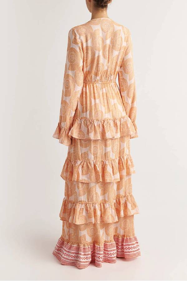 LB | Soleil Shell Print Drawstring Waist Striped Ruffle Cover-up Maxi Dress