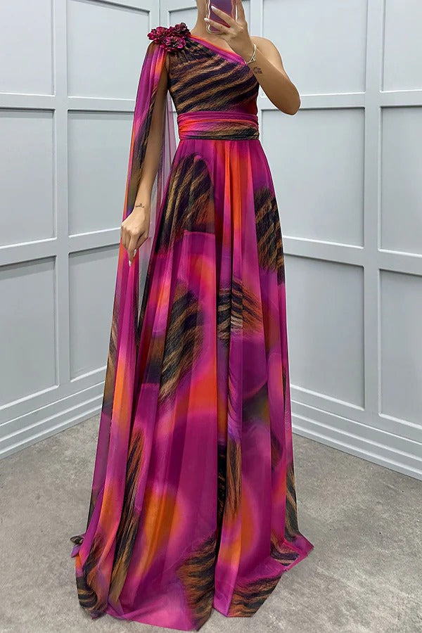 LB | Lucia Unique Print Floral Detail One Shoulder Draped Sleeve Dress Maxi Dress