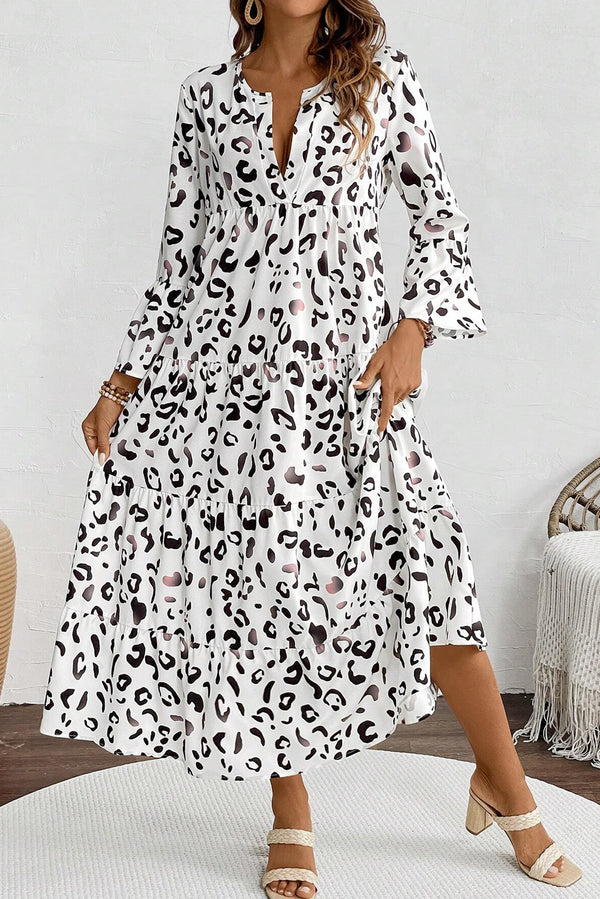 LB | White Leopard Print Notch V Neckline Loose Fit Maxi Dress