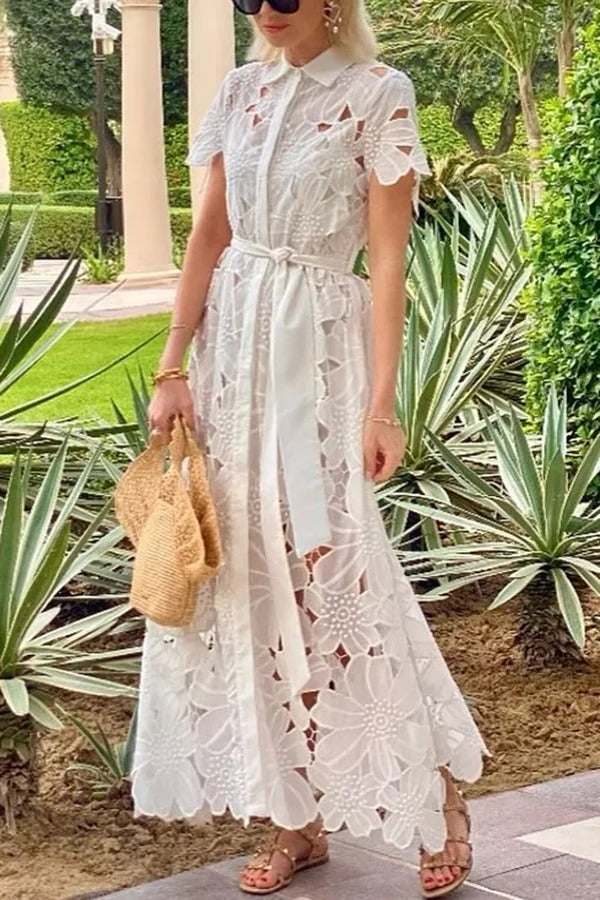 LB | Dubai Style Floral Crochet Lace Short Sleeve Tie-up Shirt Maxi Dress