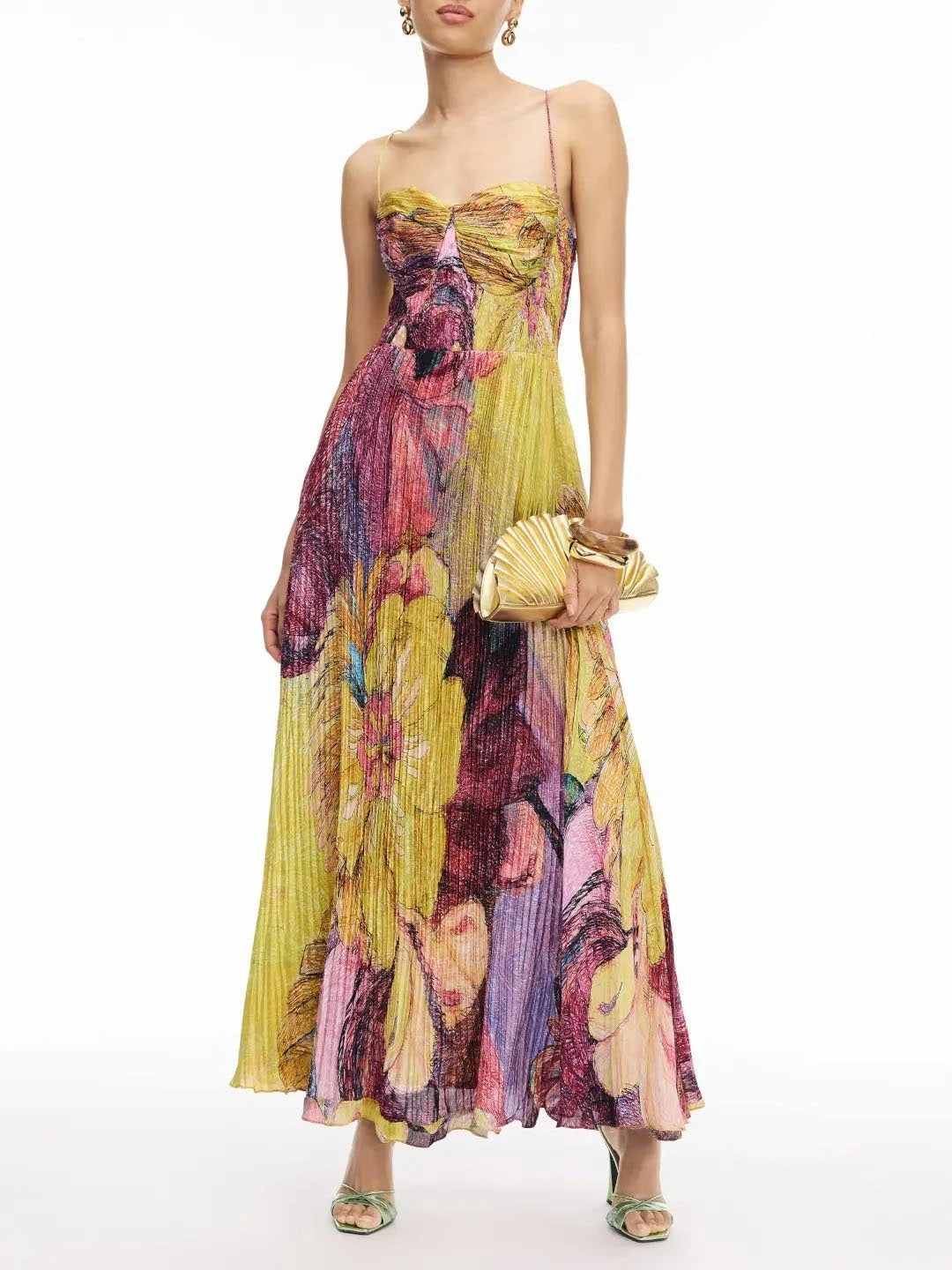LB | Spaghetti Straps Waisted Floral Print Swing Maxi Dress