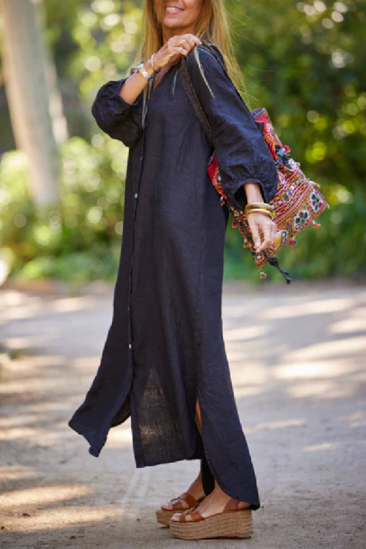 LB | Lniana sukienka casual z balonowym rękawem i dekoltem w serek Maxi Dress