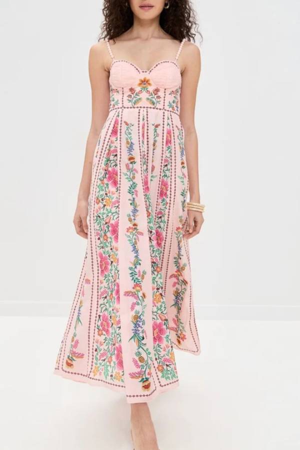LB | Delicate Forest Unique Print Sweetheart Neck Beaded Straps Maxi Dress
