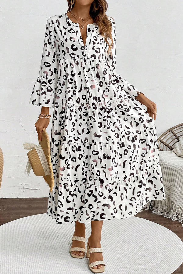 LB | White Leopard Print Notch V Neckline Loose Fit Maxi Dress