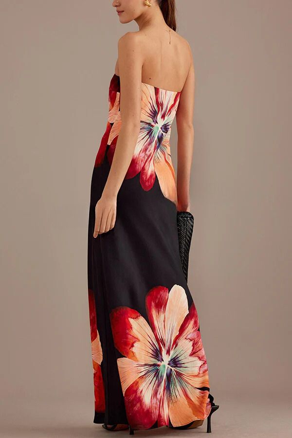 LB | Charming Lady Satin Floral Print Bandeau Luźna sukienka maxi