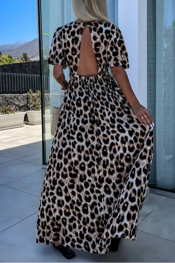 LB | Khaki Leopard V-Neck Cinched High Waist Open Back Maxi Dress