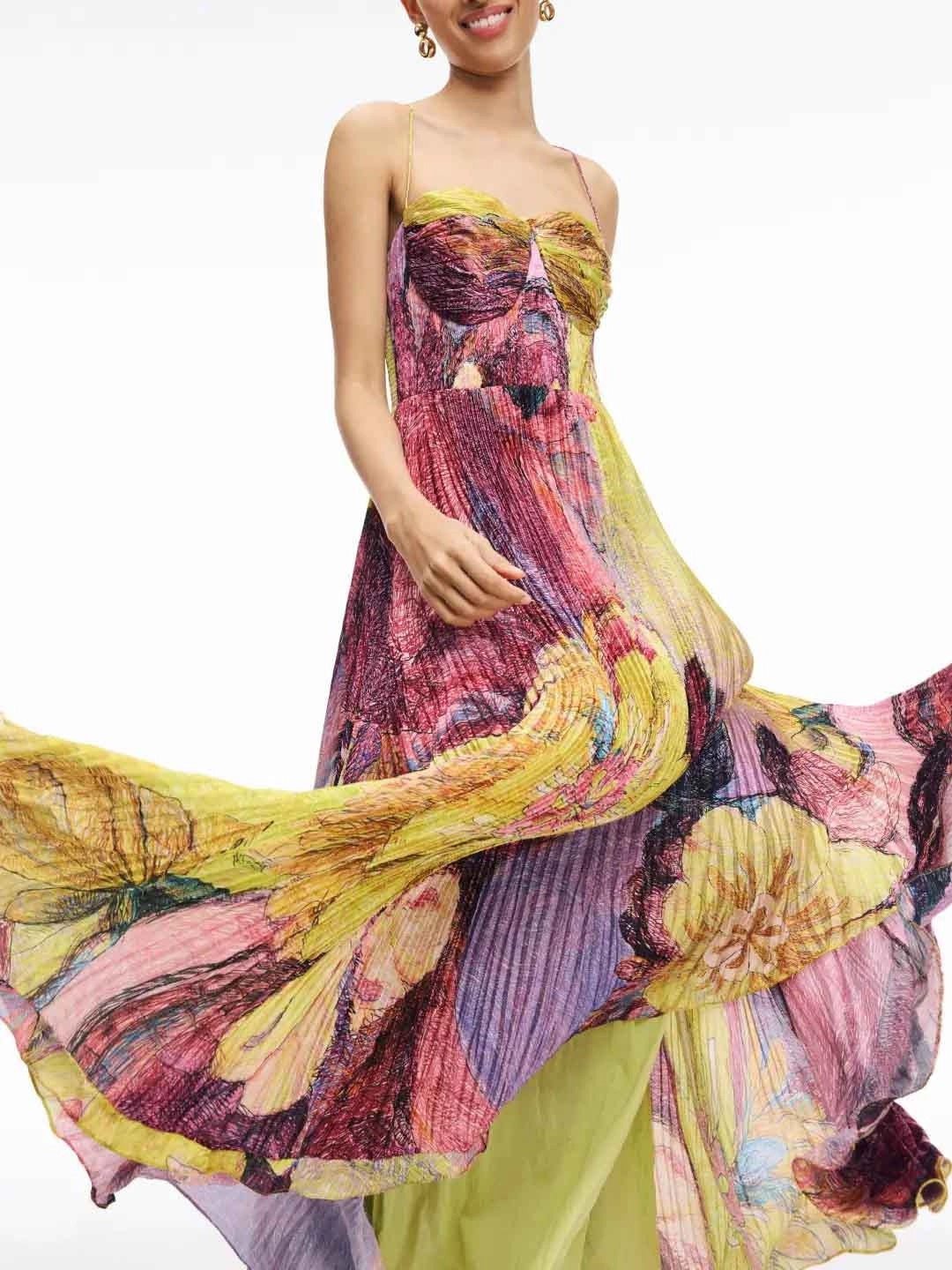 LB | Spaghetti Straps Waisted Floral Print Swing Maxi Dress