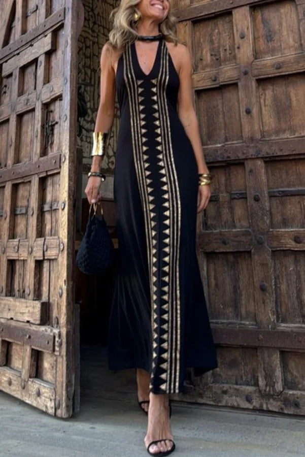 LB | Meret Gold Geometric Print Backless Stretch Maxi Dress with Halter