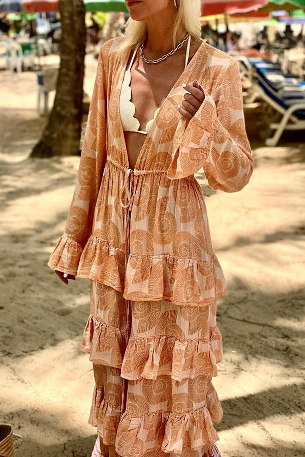 LB | Soleil Shell Print Drawstring Waist Striped Ruffle Cover-up Maxi Dress