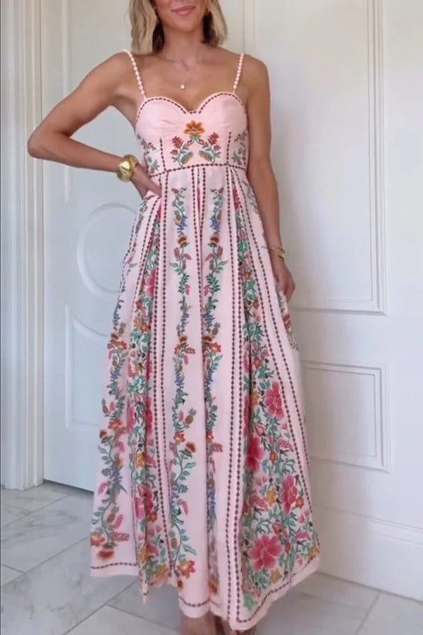 LB | Delicate Forest Unique Print Sweetheart Neck Beaded Straps Maxi Dress