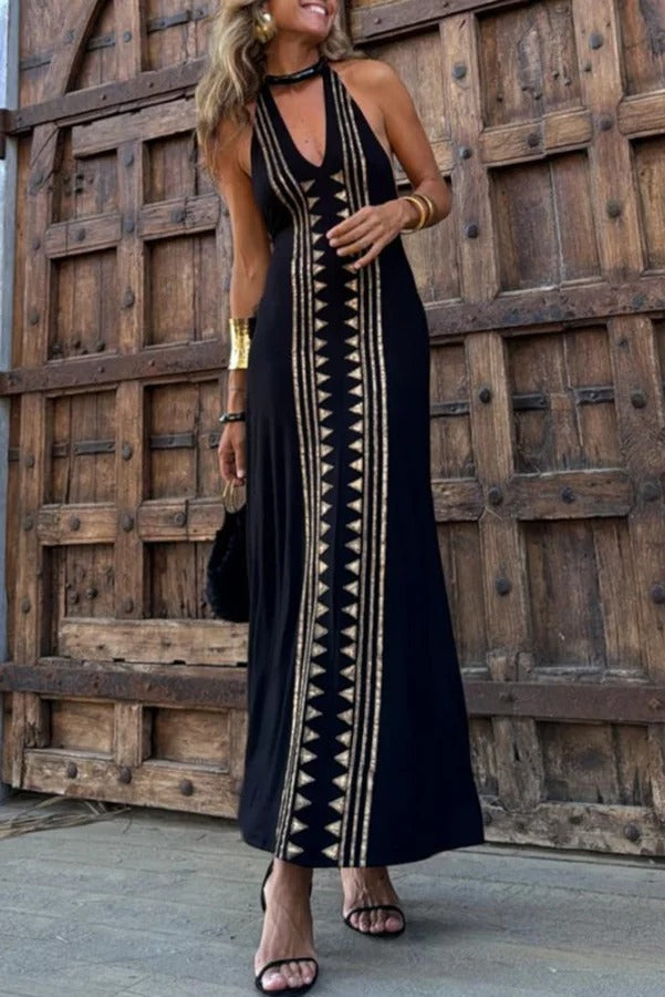 LB | Meret Gold Geometric Print Backless Stretch Maxi Dress with Halter