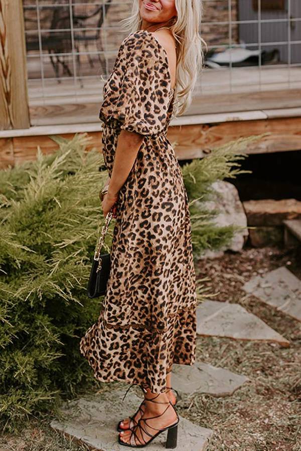 LB | Brown Leopard Print Puff Sleeve Ricrac Maxi Dress