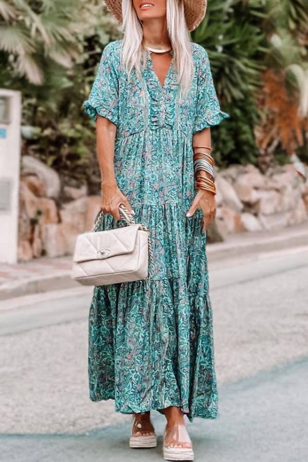 LB | Sky Blue Paisley Print Split V Neck Tiered Boho Maxi Dress