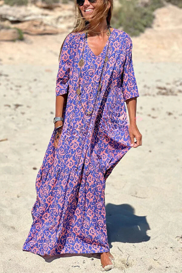 LB | Fashion Pattern Printed Half Sleeve Loose Swing Maxi Dresse