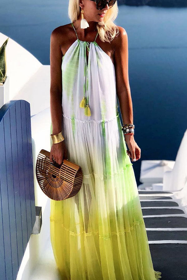 LB | Island Evenings Gradient Print Tassel Halter Maxi Dress