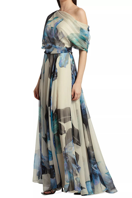 LB | Unikalna sukienka maxi z krótkim rękawem na jedno ramię z nadrukiem w stylu boho