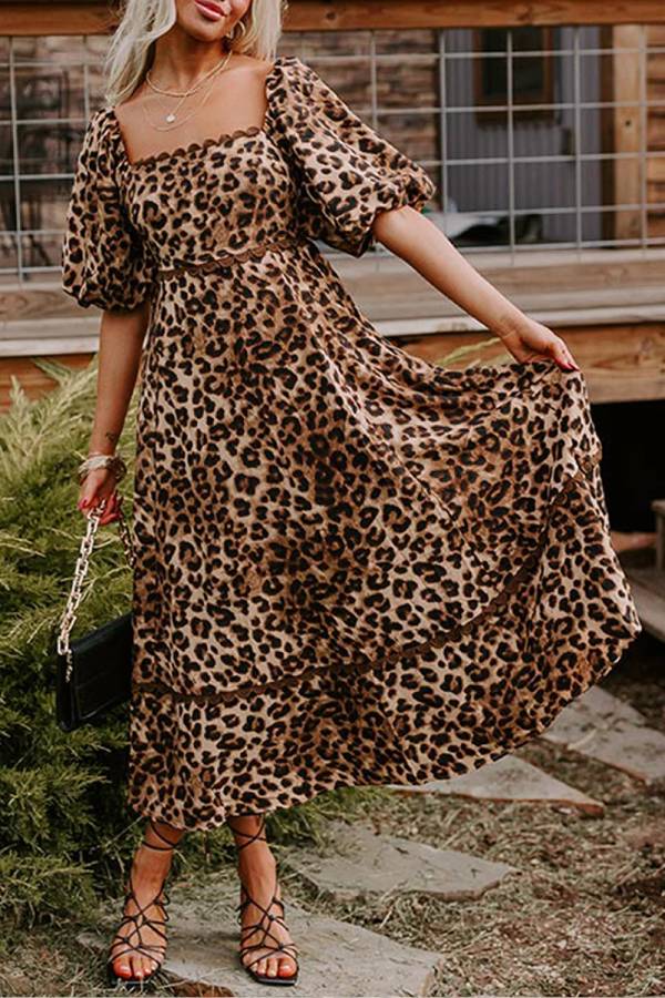 LB | Brown Leopard Print Puff Sleeve Ricrac Maxi Dress