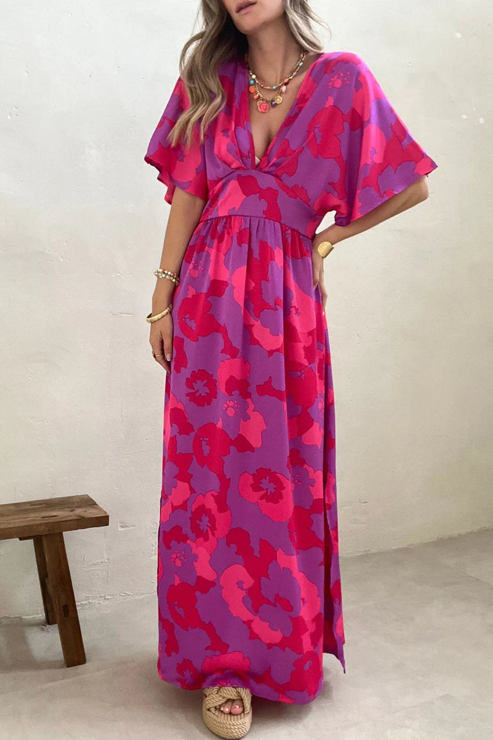 LB | Rose Abstract Floral Print V-Neck Dolman Maxi Dress