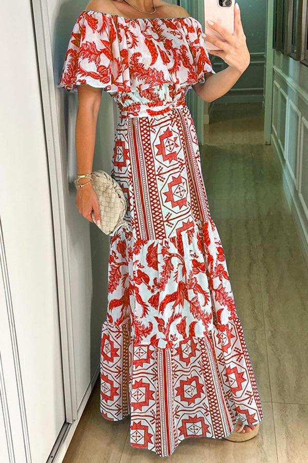 LB | Irene Bohemian Print Off The Shoulder Belted Ruffle Maxi Dress