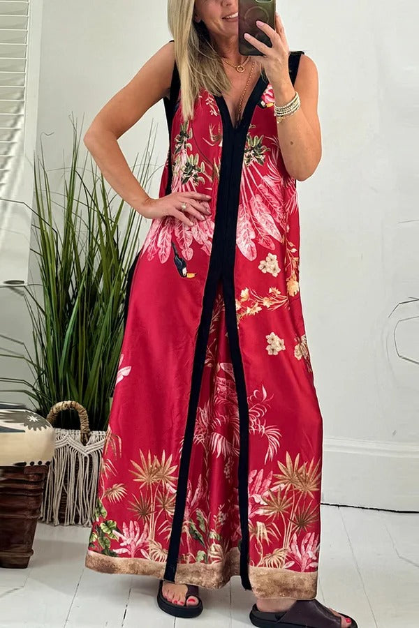 LB | Vanna Unique Tropical Print Black Patchwork Detail A-Line Maxi Dress