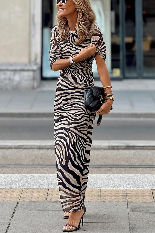 LB | Natural Beauty Mesh Zebra Print Ruffled Stretch Maxi Dress