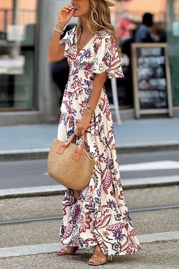 LB | Unique Print V-Neck Waist Holiday Maxi Dress