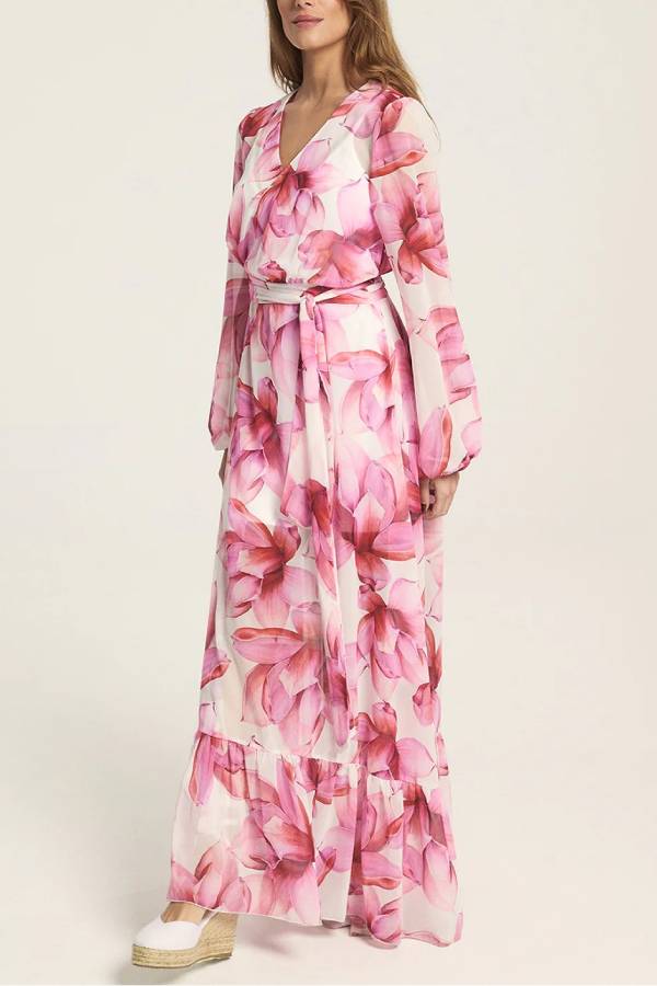 LB | Island Girl Floral Print V-Neck Long Sleeve Tie Slit Holiday Maxi Dress