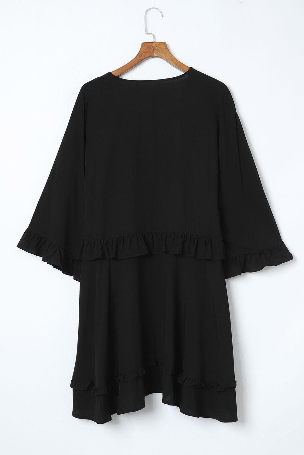 LB | Elegancka czarna sukienka mini babydoll z dekoltem w szpic