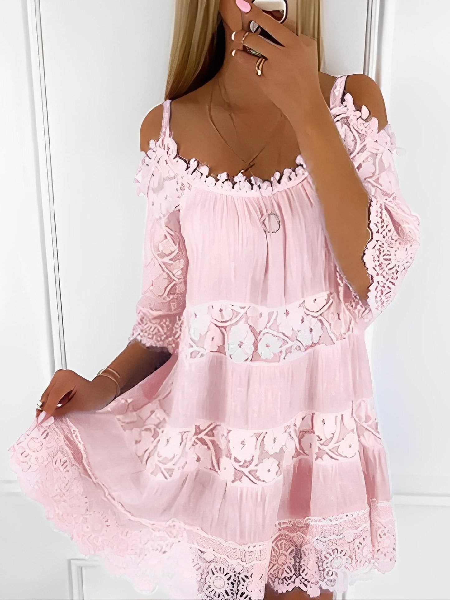 LB | Boho Mini Sukienka, okrągły dekolt, moda damska