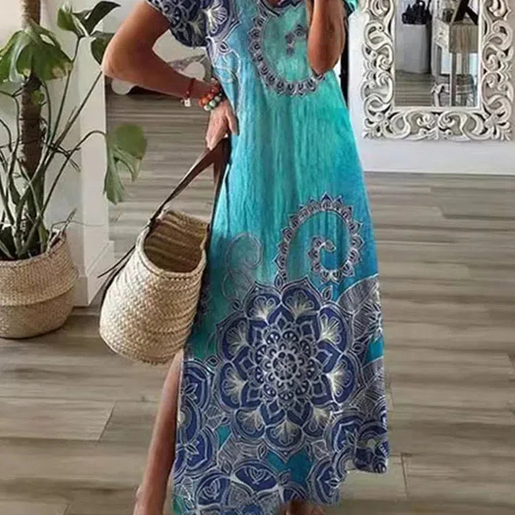 LB | Szykowna sukienka maxi z nadrukiem w stylu koszulki Kobiety Okrągły dekolt Dorywczo Letnia sukienka wakacyjna
