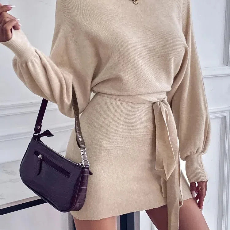 LB | Elegancka sukienka bodycon z długim rękawem damska wełniana mini sukienka
