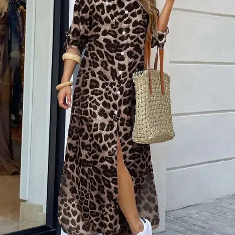 LB | Vintage Leopard Maxi Dress Jesienna sukienka z długim rękawem Oversized Sunday Dress