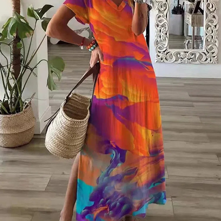 LB | Szykowna sukienka maxi z nadrukiem w stylu koszulki Kobiety Okrągły dekolt Dorywczo Letnia sukienka wakacyjna