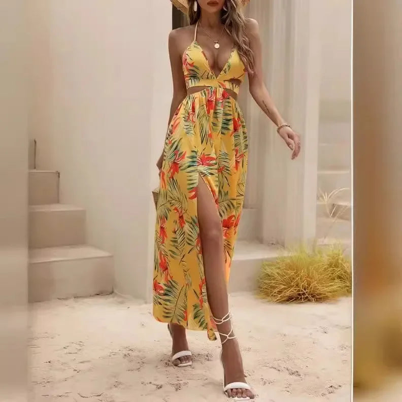 LB | letnia damska sukienka maxi z nadrukiem w stylu bohemy z kokardą bez pleców elegancka sukienka plażowa dla kobiet