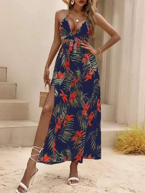 LB | letnia damska sukienka maxi z nadrukiem w stylu bohemy z kokardą bez pleców elegancka sukienka plażowa dla kobiet